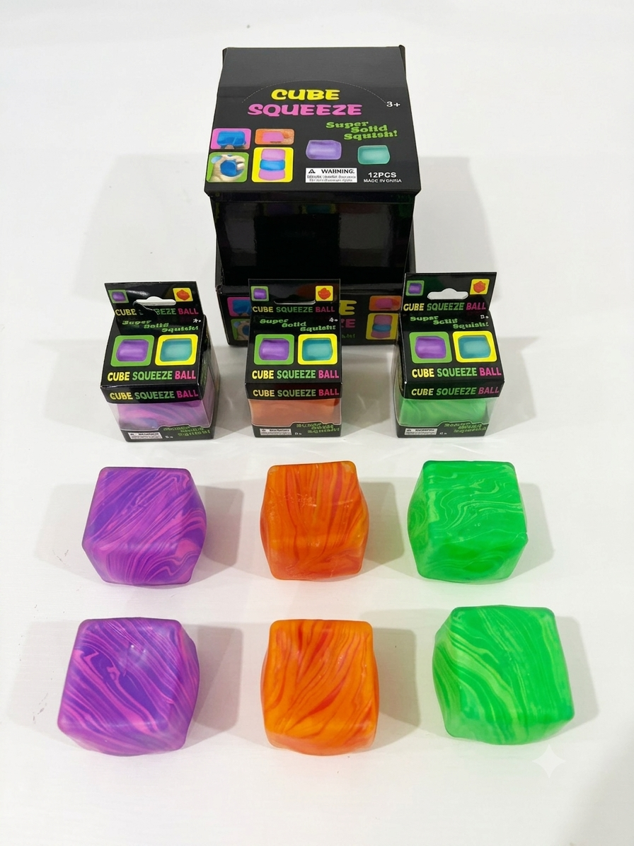Nee Doh Nice Cube squishy stress balls in pink and blue held in hand with retail packaging