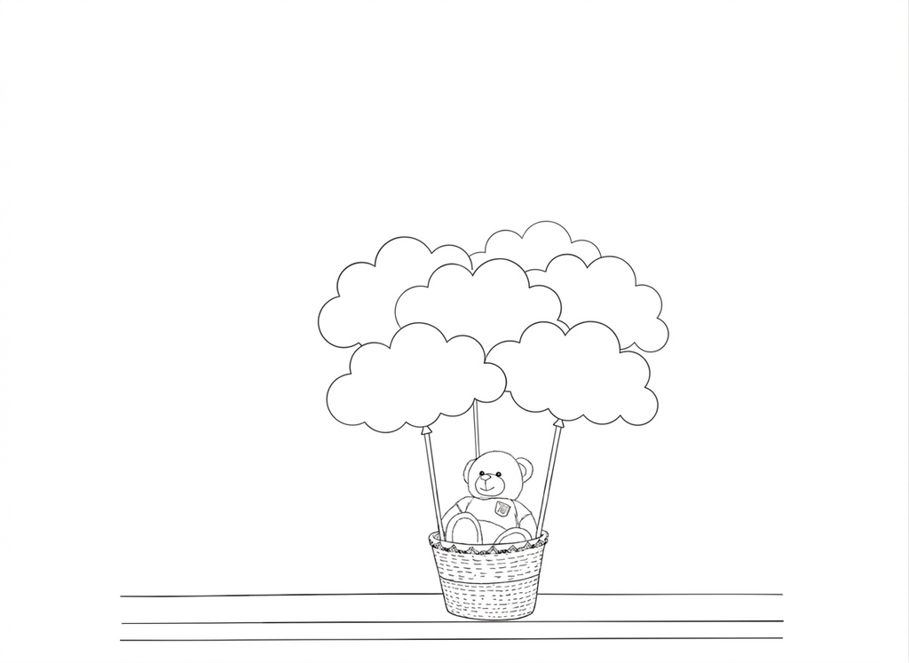 Black and white line drawing of a teddy bear in a hot air balloon basket with clouds.