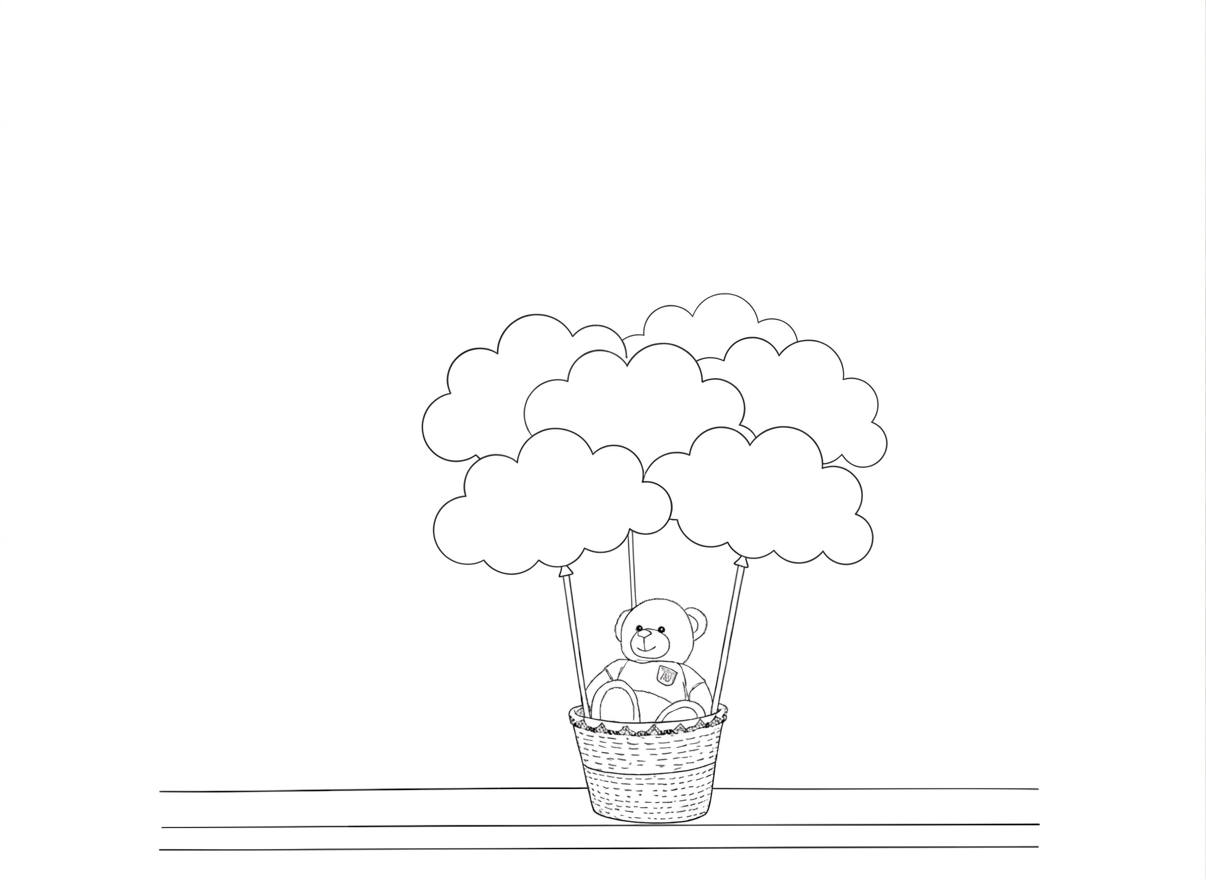 Black and white line drawing of a teddy bear in a hot air balloon basket with clouds.