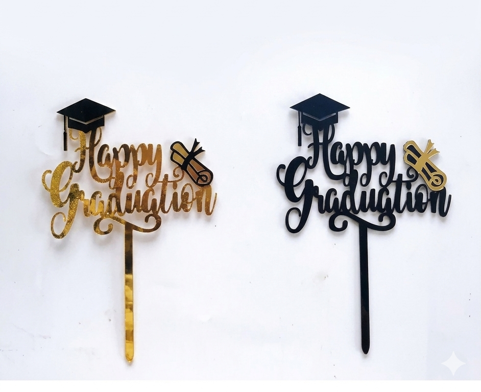 Happy Graduation Acrylic Cake Topper – Gold & Black