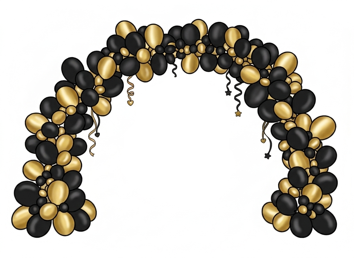 Balloon arch with black and gold balloons and 'It's a Girl' sign on a white background