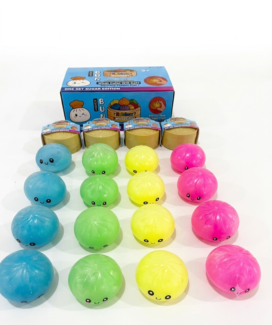 Cube squeeze ball squishy fidget toys in purple, orange, and green with retail display box