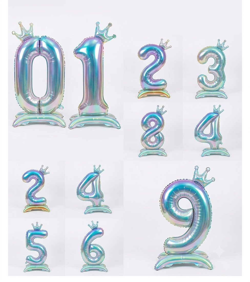 32 inch holographic iridescent standing number foil balloon with crown topper