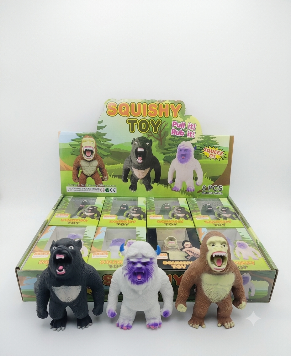 Squishy gorilla squeeze toy in black white and brown colors
