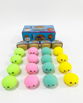 Bun mystery squishy sugar edition kawaii dumpling squeeze toys in pastel green, pink, teal, and yellow with mystery box packaging