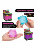 Neon bun mystery squishy toys in blue, green, yellow, and pink with mystery box packaging