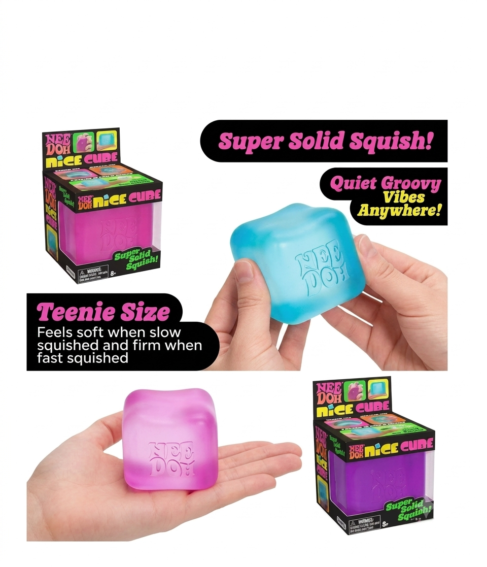 Neon bun mystery squishy toys in blue, green, yellow, and pink with mystery box packaging