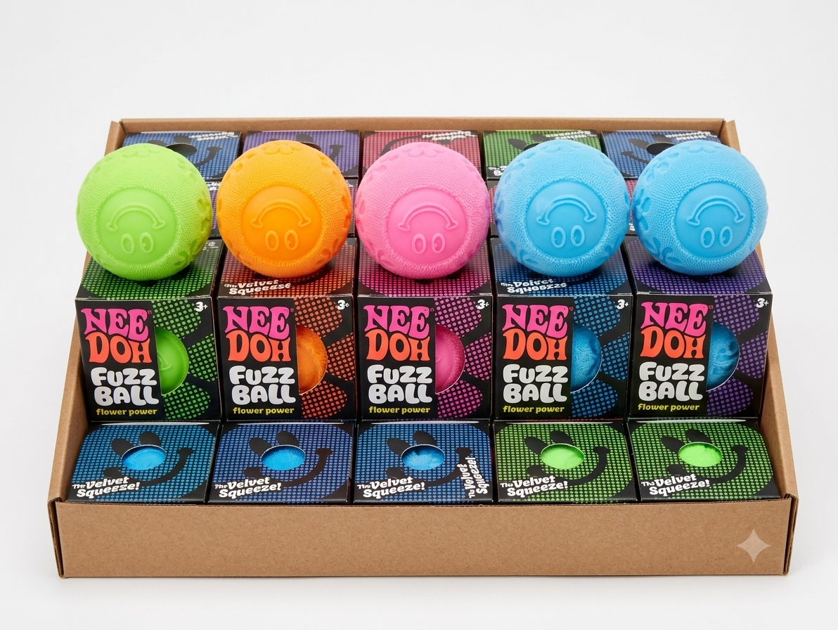 Nee Doh Fuzz Ball Flower Power velvet squeeze toys in green, orange, pink, and blue with retail display packaging
