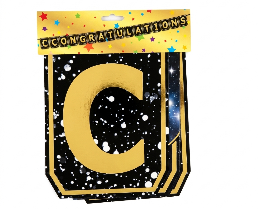Congratulations Letter Banner – Black & Gold Galaxy Glitter