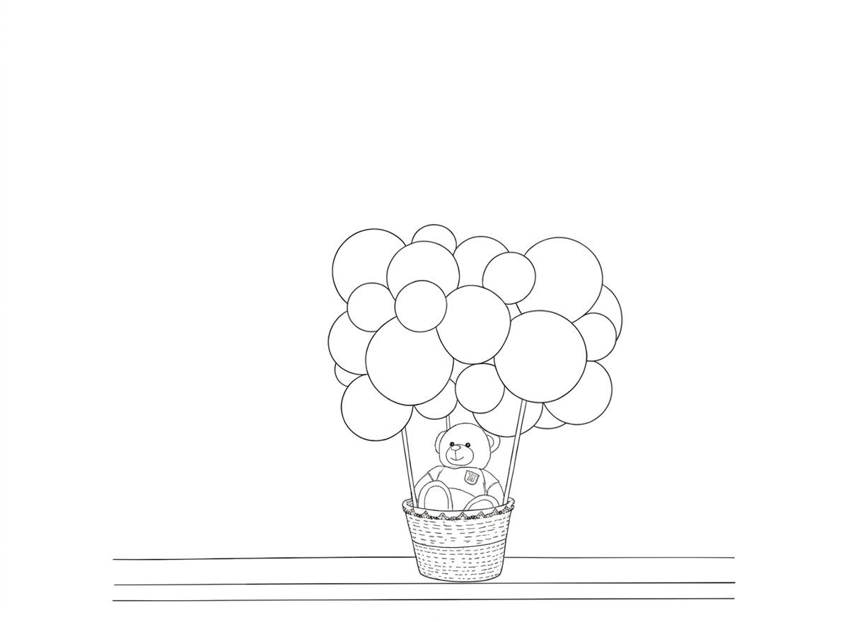 Black and white line drawing of a teddy bear in a balloon basket on a white background