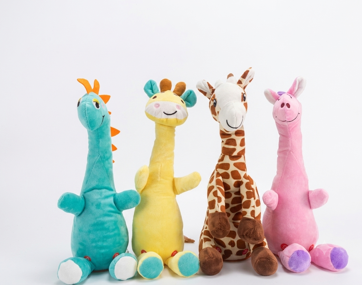 Musical plush toys - teal dragon, yellow giraffe, brown giraffe and pink unicorn
