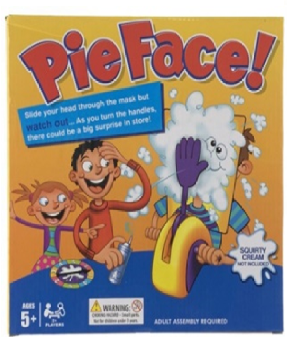 Box of 'Pie Face!' game with cartoon characters and colorful design.