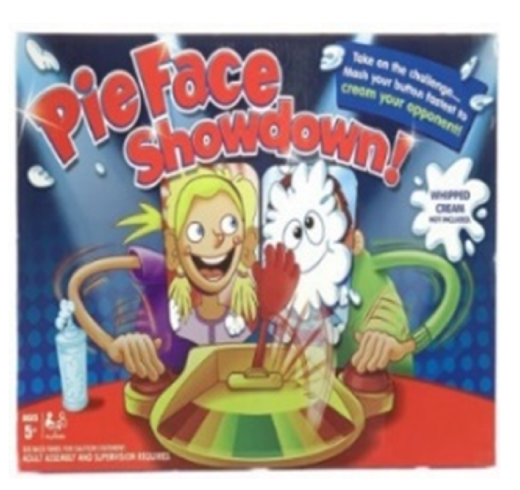 Box of 'Pie Face Showdown' game with two characters splashing whipped cream.