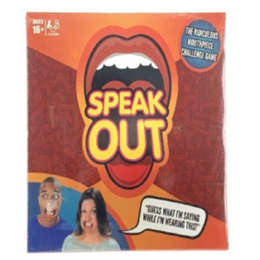 Box of 'Speak Out' game with a mouth graphic and two people's faces on an orange and red background.