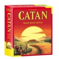 Board game box for 'Catan' with a red and yellow design featuring a sunset over a landscape.