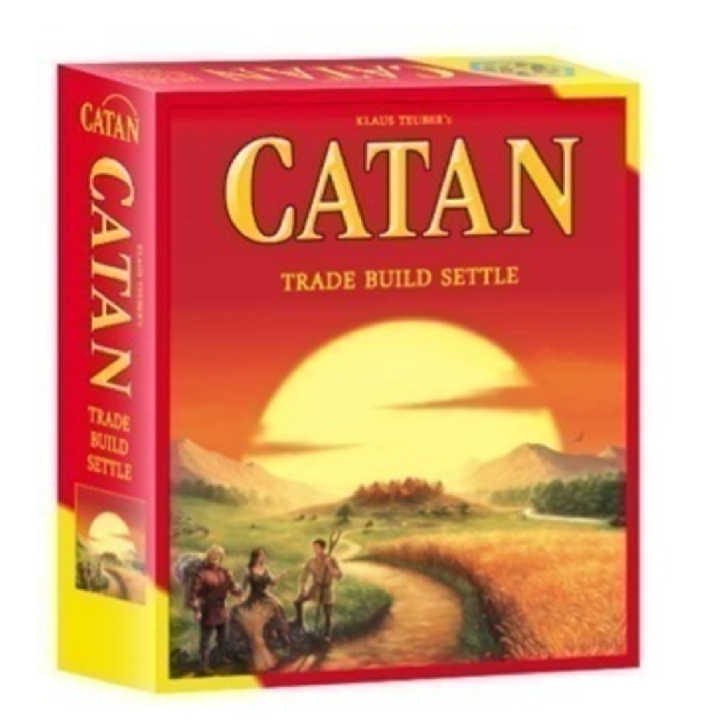 Board game box for 'Catan' with a red and yellow design featuring a sunset over a landscape.