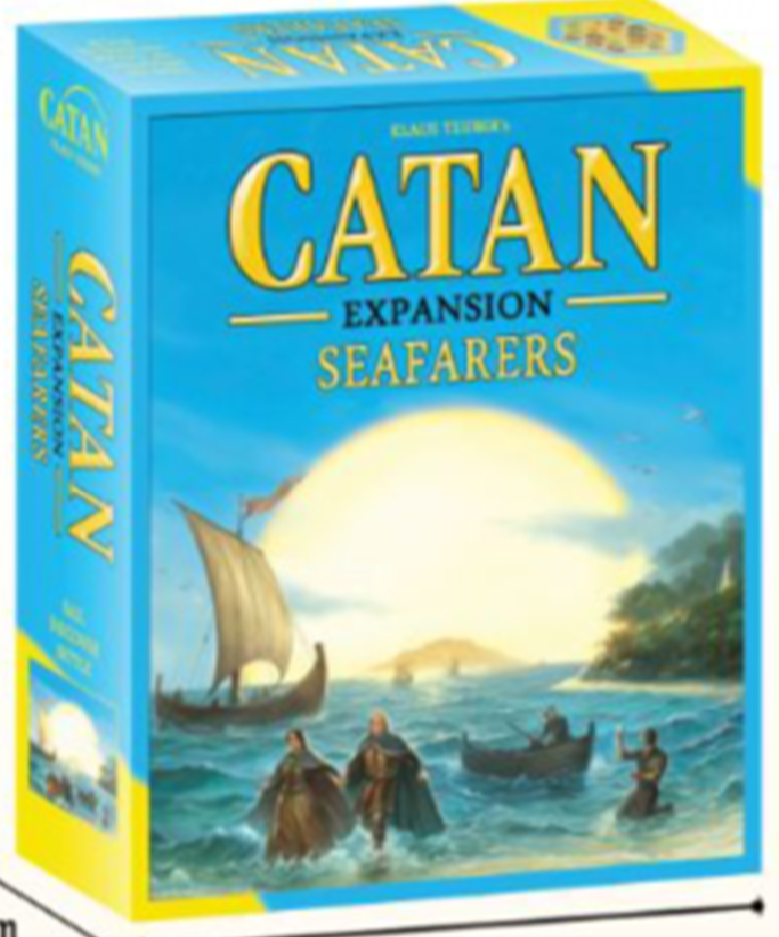 Catán Seafarers expansion box with dimensions on a white background