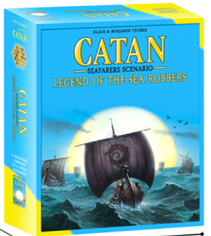 Board game box for 'Catan: Legend of the Sea Robbers' with dimensions on a white background