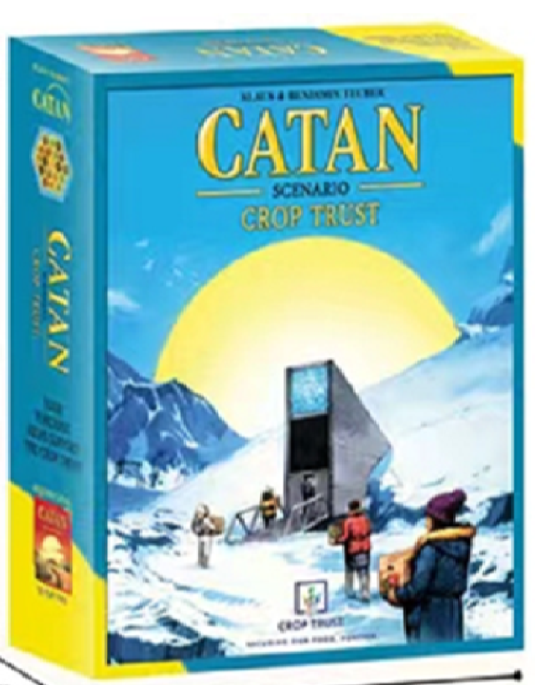 Board game box for 'Catan' with mountain and settlement illustration on a white background