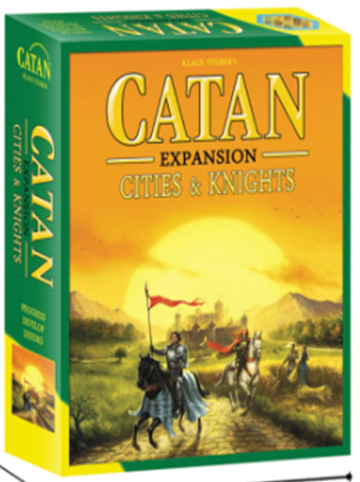 Catan Expansion Cities & Knights board game box with dimensions on a white background