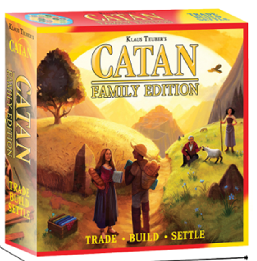 Catan Family Edition board game box with dimensions on a white background