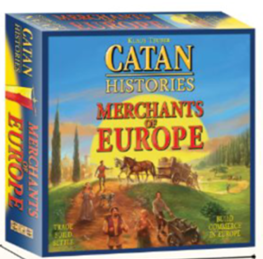 Board game box for 'Catan Histories: Merchants of Europe' with dimensions displayed.