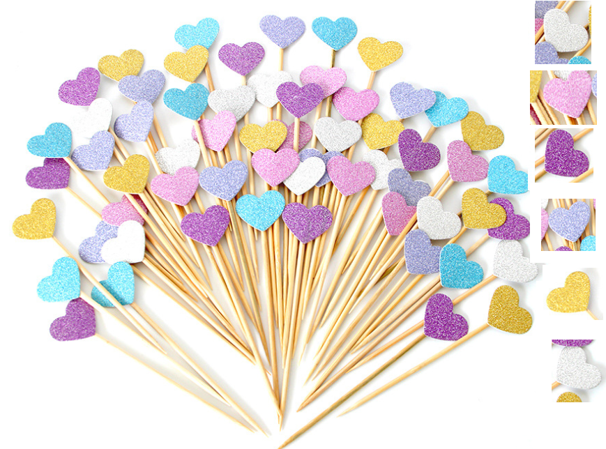 Glitter Heart Cupcake Topper Picks Set of 10