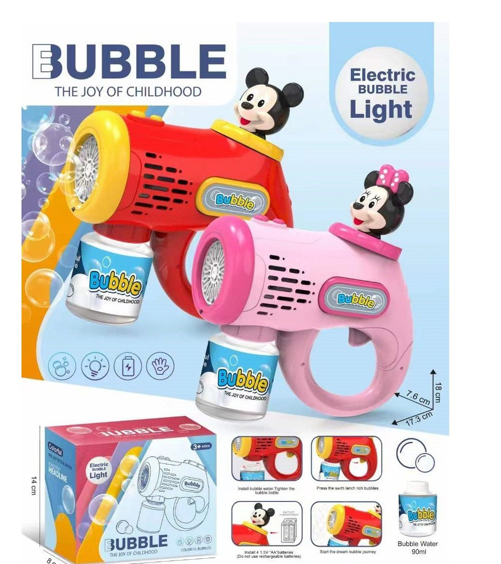 Electric bubble gun with packaging and branding on a white background