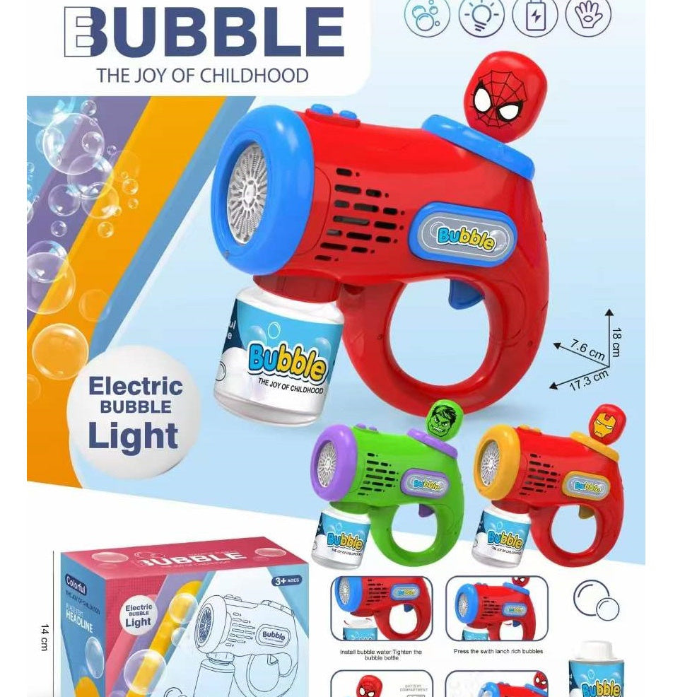 Bubble gun toy with packaging and specifications on a white background