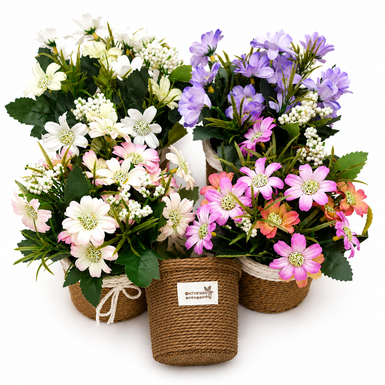 Artificial Mixed Daisy Bouquet in Woven Basket