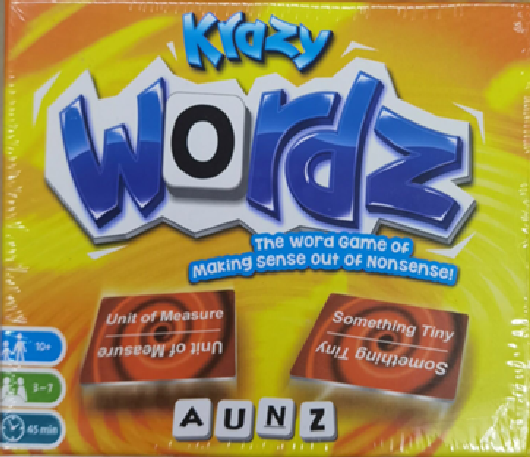 Krazy Wordz game box with text and dimensions on a white background