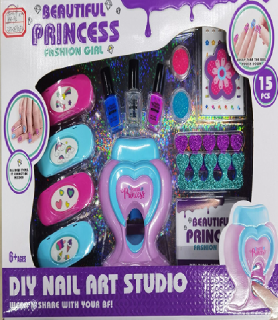 Packaging of a DIY nail art studio set for children with colorful designs and text on a white background.