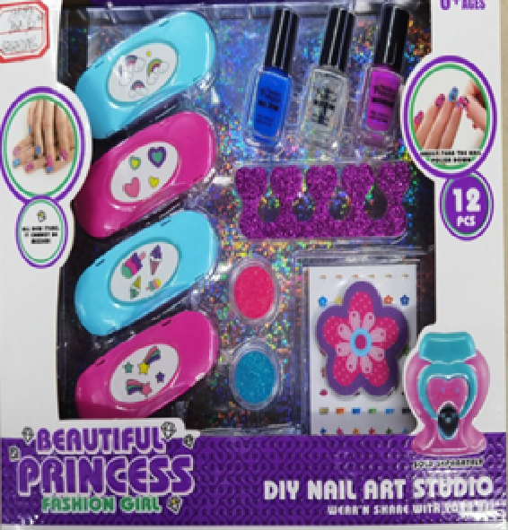Packaging of a DIY nail art studio set with various nail art tools and supplies.