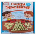 Box of 'Funny Spelling' game with cartoon children and word tiles on a white background.