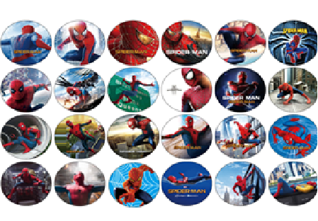Product packaging with Spider-Man branding, including a box, toys, and measurements on a white background.
