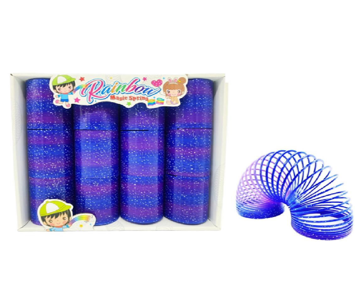 Packaging of blue slinky toys with product details on a white background
