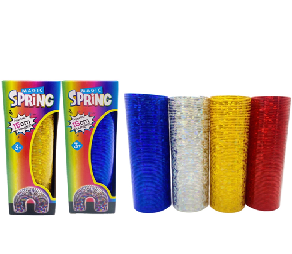 Colorful packaging with 'Magic Spring' branding and four cylindrical products on a white background.