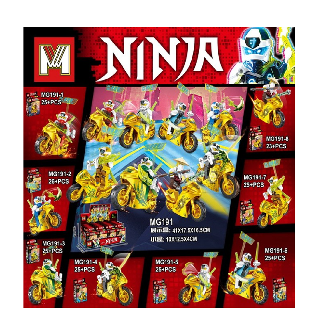Ninja toy set packaging with multiple variations on a red background