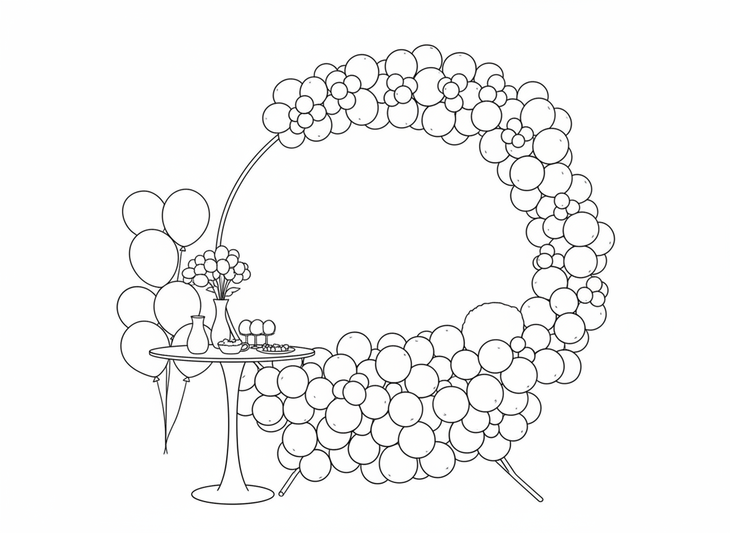 Black and white line drawing of a floral arch with balloons and a table.