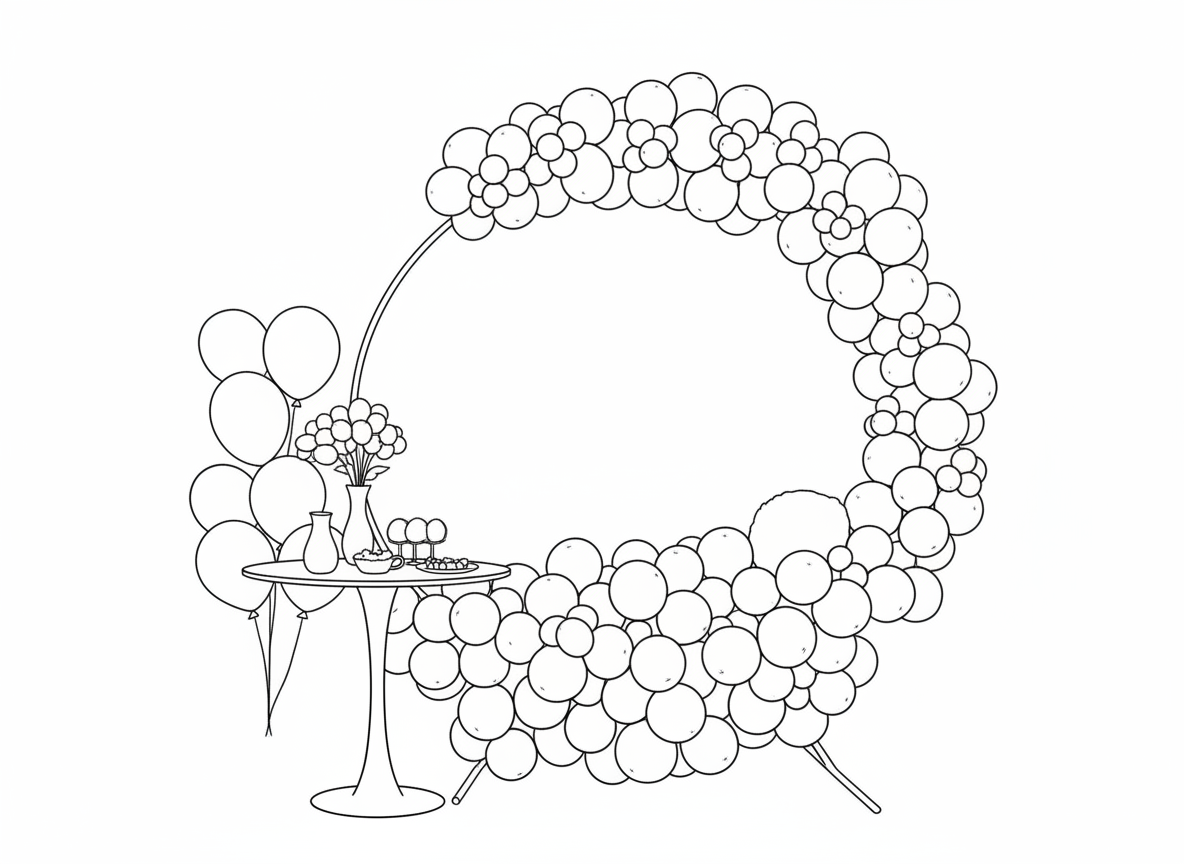 Black and white line drawing of a floral arch with balloons and a table.