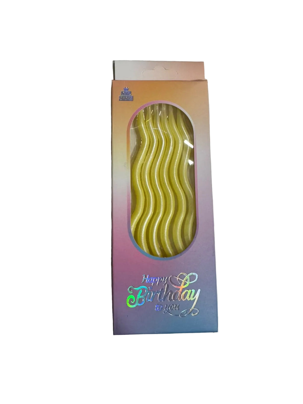 Packaged birthday candles with a 'Happy Birthday' design on a white surface.